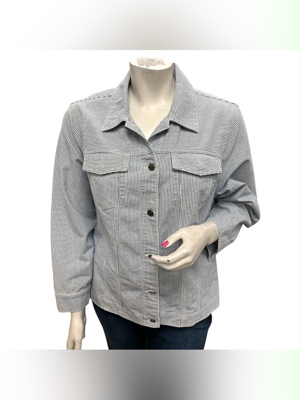 CJ Banks Blue and White Striped Button-Up Jacket Size  2X